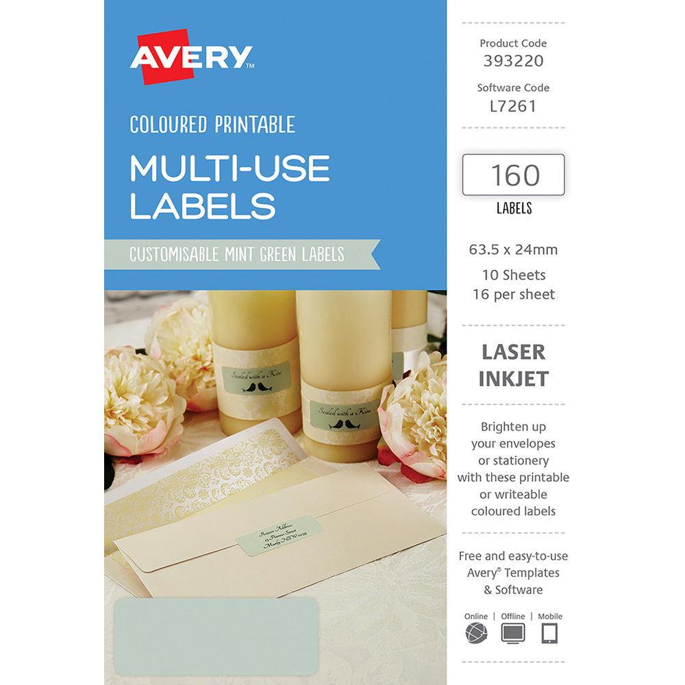Avery Labels L7261 Mint Green 63.5x24mm A5 16up 10 Sheets