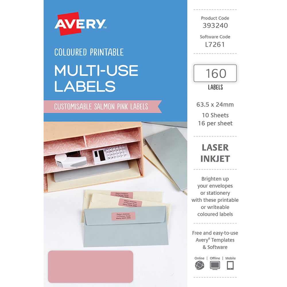 Avery Labels L7261 Salmon 63.5x24mm A5 16up 10 Sheets