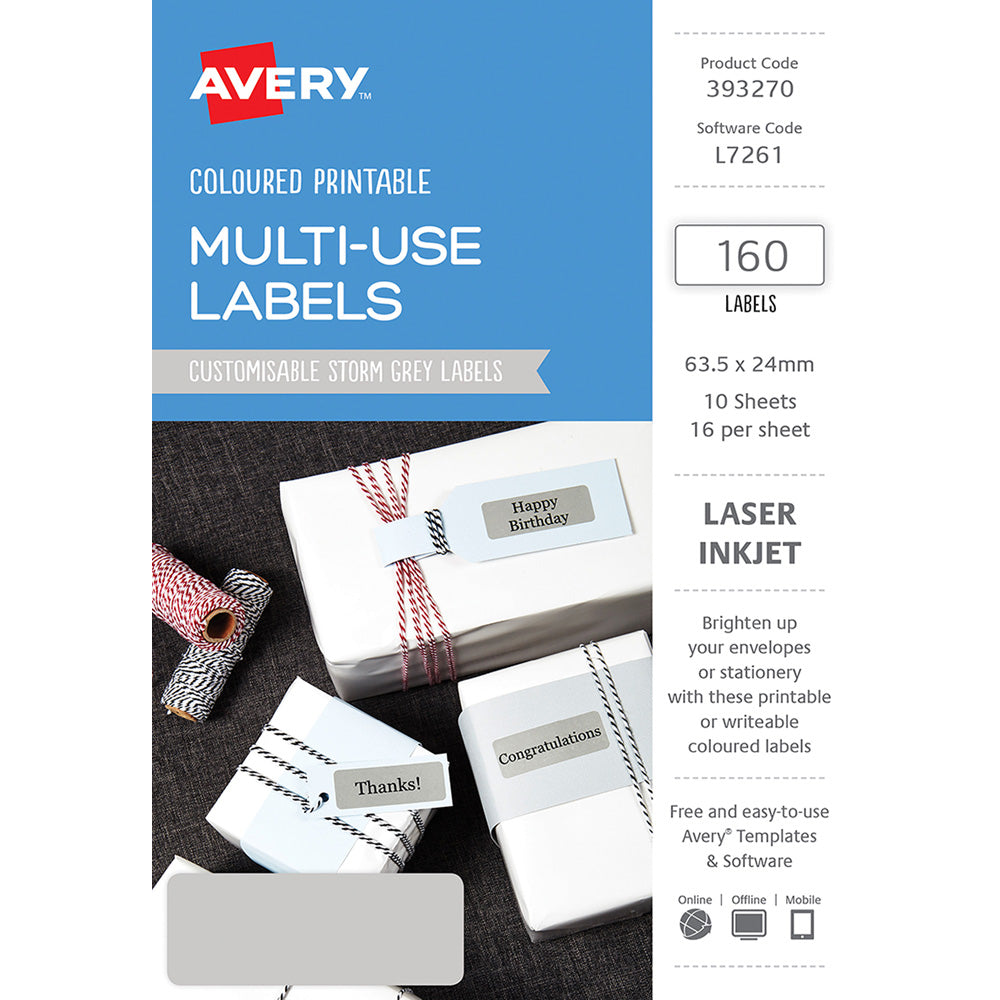 Avery Labels L7261 Storm Grey 63.5x24mm A5 16up 10 Sheets