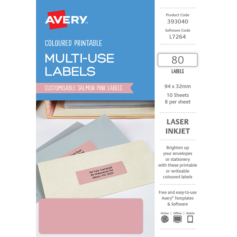 Avery Labels L7264 Salmon 32x94 A5 8up 10 Sheets 393040
