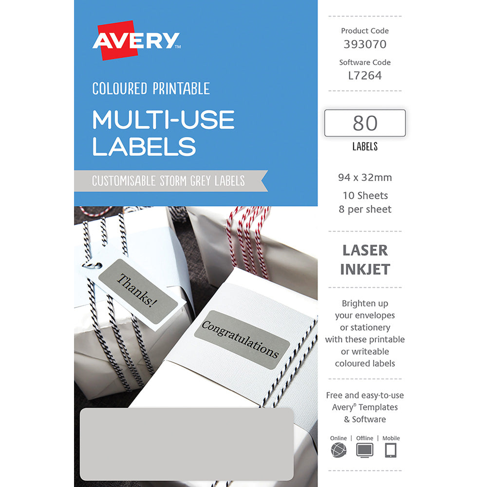 Avery Labels L7264 Storm Grey 32x94 A5 8up 10 Sheets 39307