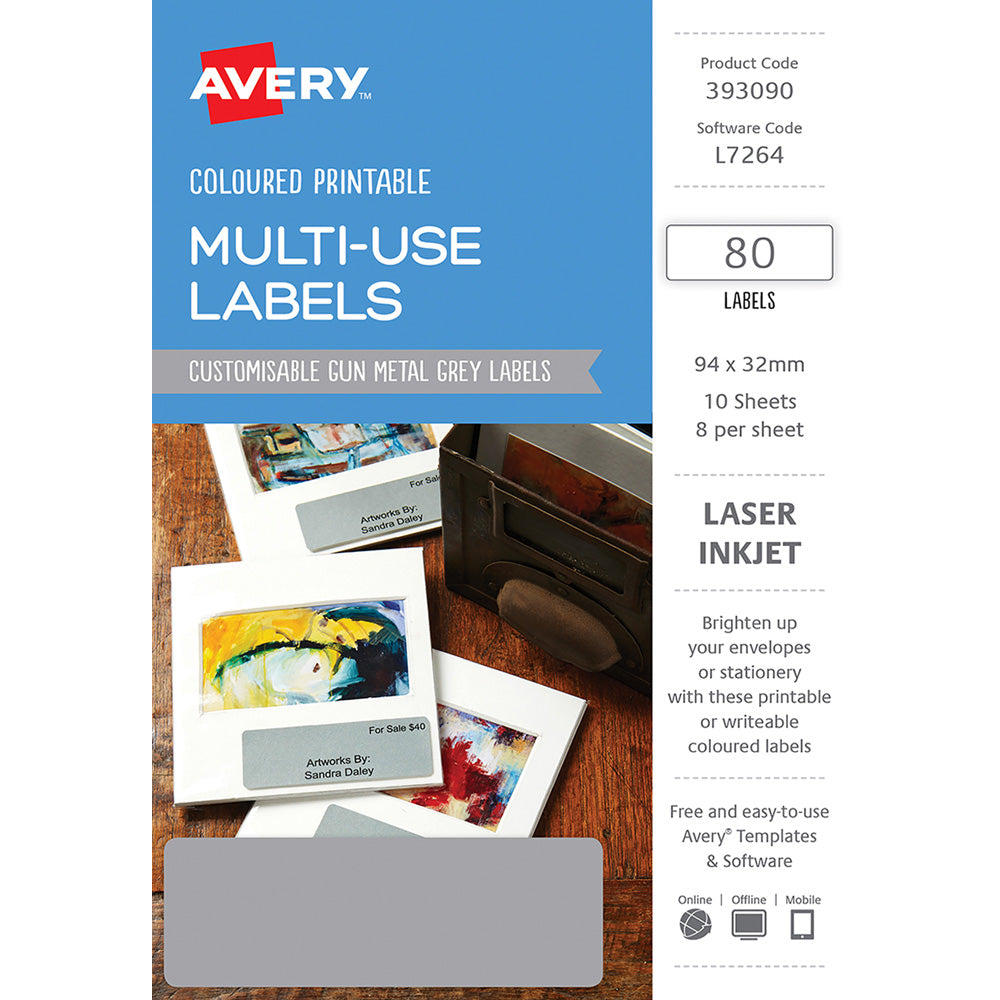 Avery Labels L7264 Metal Grey 32x94 A5 8up 10 Sheets 393090