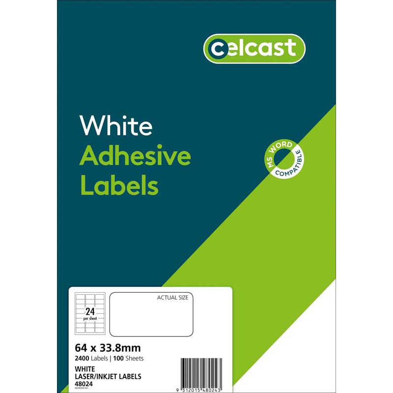 Celcast Labels A4 64x33.8mm FSC Mix Credit 24up 100 Sheets