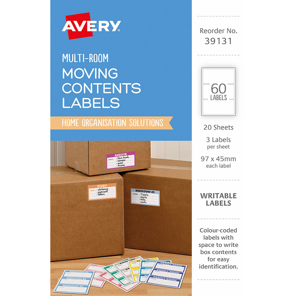Avery Moving Labels 39131 Assorted Colours 97x45mm 3up 20 Sheets