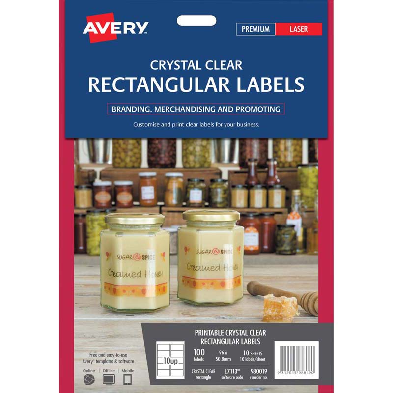 Avery Label L7113 Rectangular Crystal Clear 10up 10 Sheets