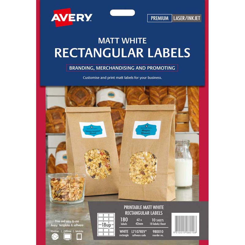 Avery Label L7107 "Removable" Rectangular White 18up 10 Sheets Avery # 980010