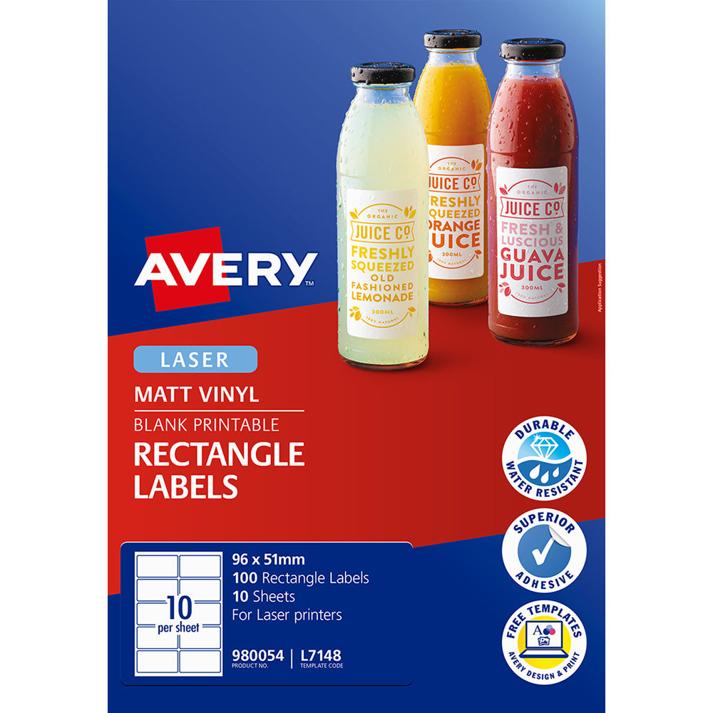 Avery Label Permanent Rectangular L7148 96x51mm 1up 10 Sheets