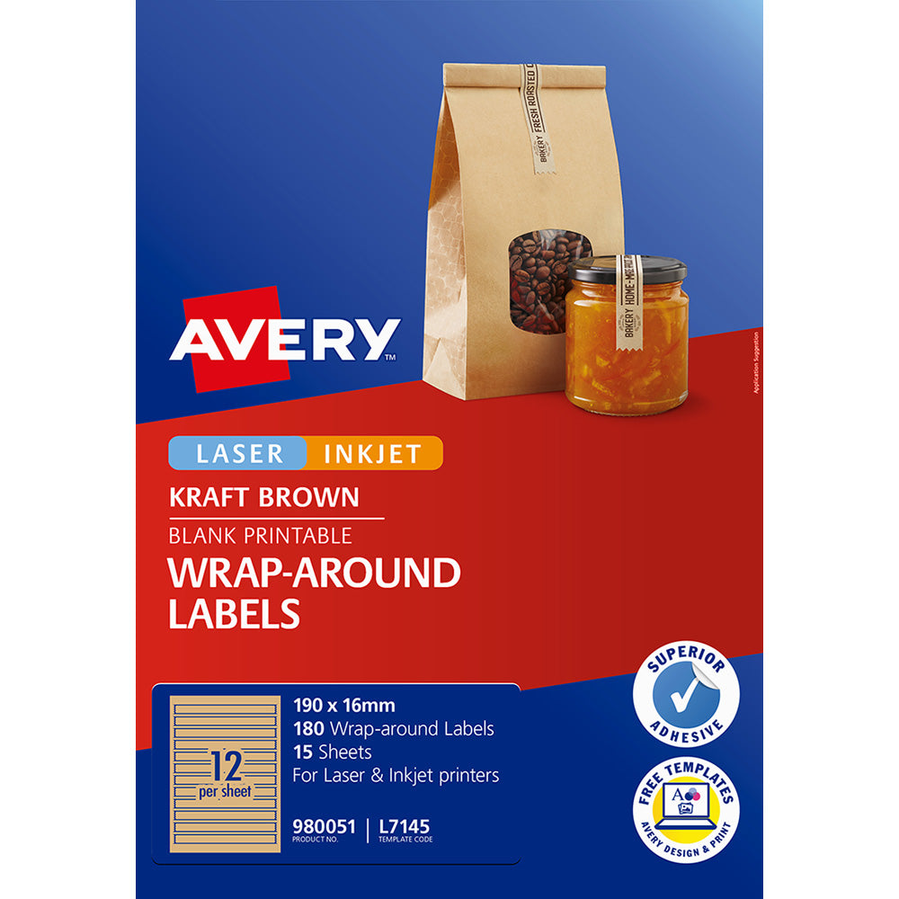 Avery Label L7145 Wrapround Kraft Inkjet 190x16mm 12up 15 Sheets Laser