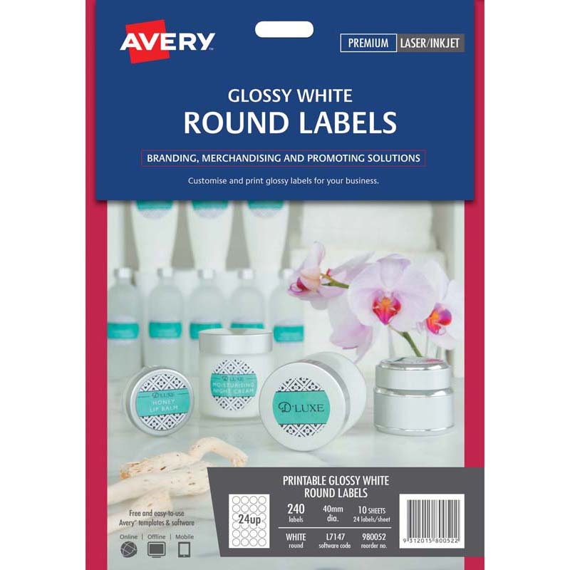 Avery Label L7147 / 980052 White Gloss Round 24 Up 10 Sheets Laser Inkjet 40mm