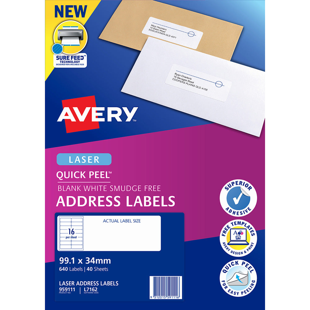 Avery Quick Peel Address Labels L7162 White 99.1x34 FSC Mix Credit 16up 40 Sheets