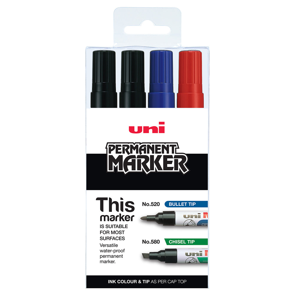 Uni Permanent Bullet Tip Marker 4 Piece Assorted 520
