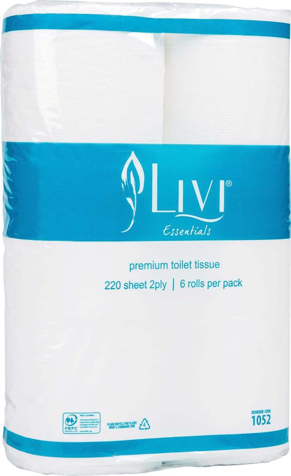 Livi Essentials Toilet Paper Tissue 2Ply 220 Sheet Roll Pk6