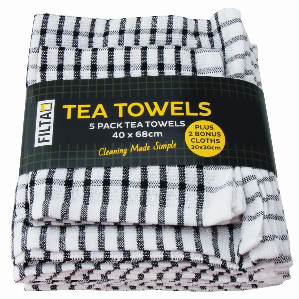 Filta Cleaning Products Terry Cotton 5x Tea Towels + 2x Dish Cloths Black