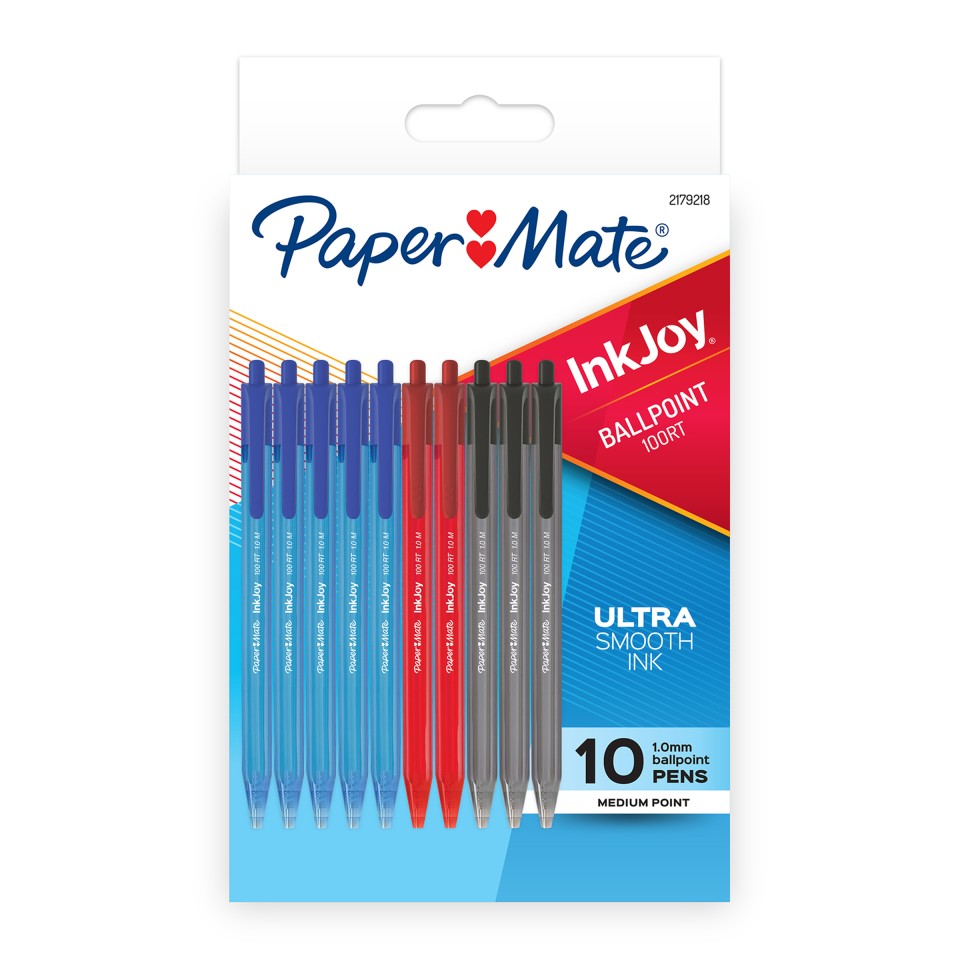 Paper Mate Inkjoy 100rt Ballpoint Pen Retractable Medium 1.0mm Assorted Pack 10