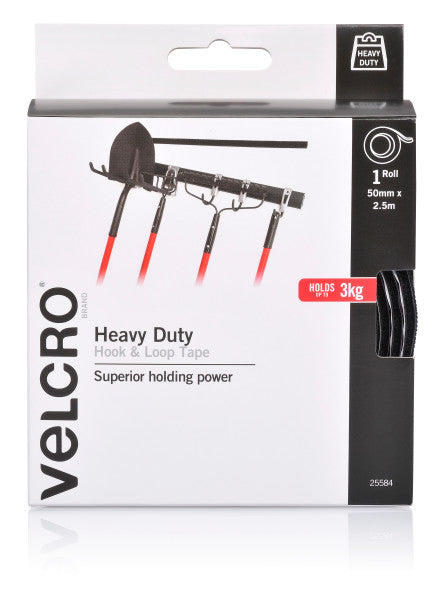 Velcro 50mm x 2.5m Adhesive Heavy Duty Hook & Loop Roll/Tape, Black, 3kg