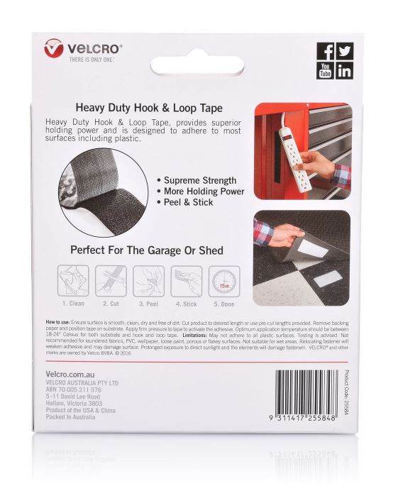Velcro 50mm x 2.5m Adhesive Heavy Duty Hook & Loop Roll/Tape, Black, 3kg