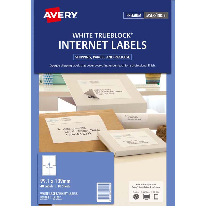 Avery Label L7169 Internet Shipping Label 99.1x139mm 4 Per Sheet 10 Pack