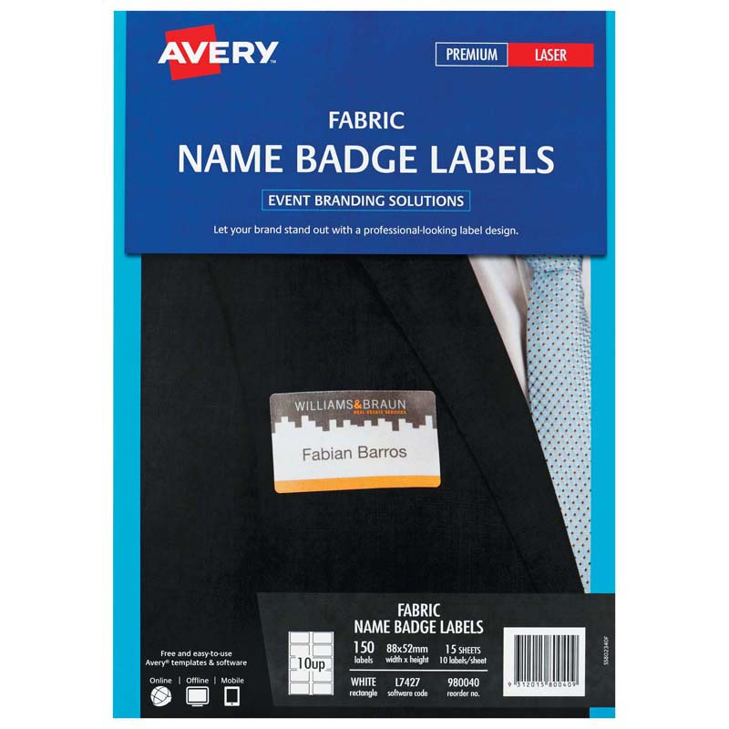Avery Name Badge L7427 Fabric 88x52mm 10up 15 Sheets Laser