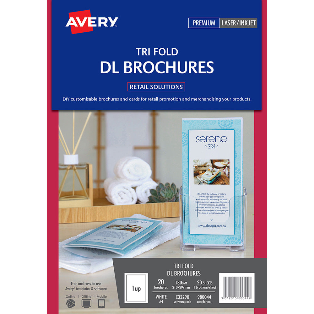 Avery Brochures C32290 Tri Fold DL A4 Inkjet Laser 1up 20 Sheets