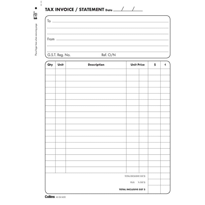 Collins Tax Invoice A5dl No Carbon Required "Critical Product"