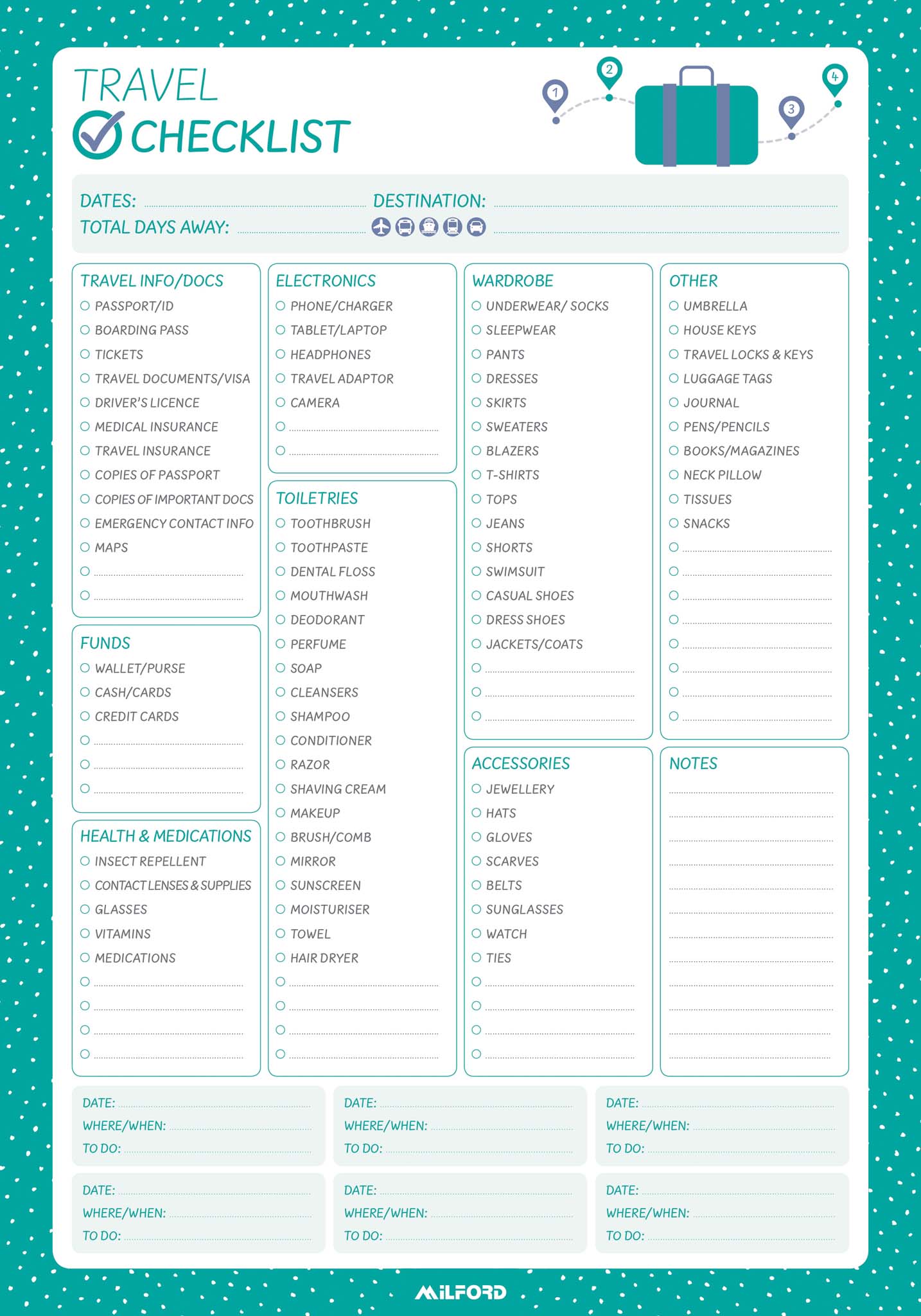 Milford Travel Packing Check List Pad 175x250 60 Leaf