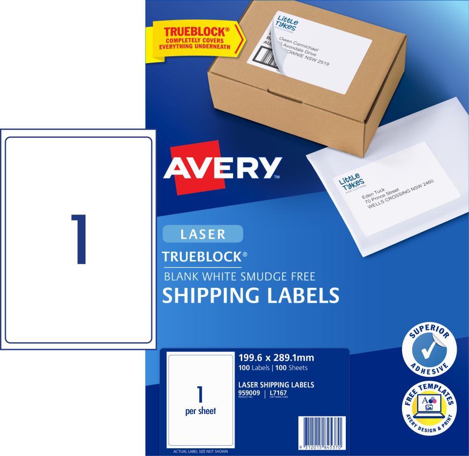 Avery Shipping Labels with Trueblock for Laser Printers 199.6 x 289.1mm 100 Labels (959009 / L7167)