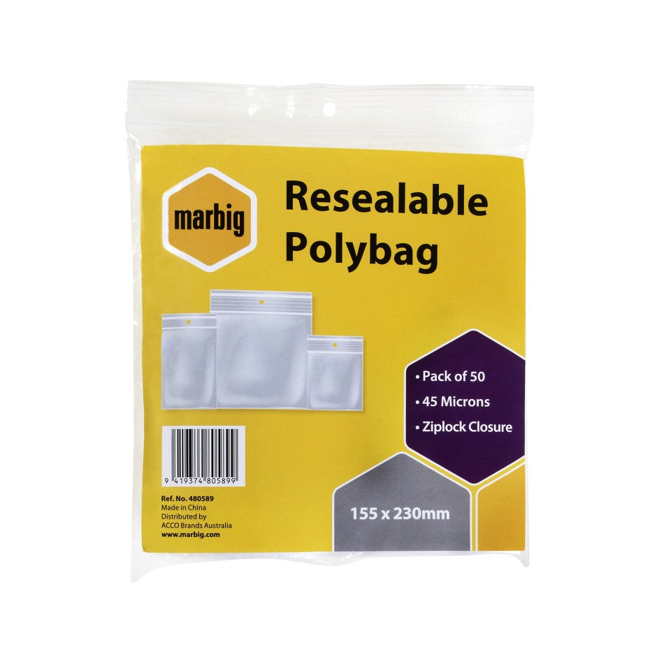 Marbig Resealable Polybag 155 x 230mm Ziplock Closure 45 Microns Pack 50