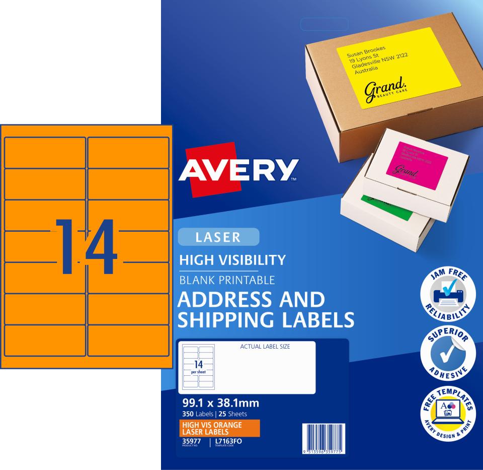 Avery Fluoro Orange High Vis Shipping Labels Laser Print 99.1 x 38.1mm 350 Labels (35977 / L7163FO)