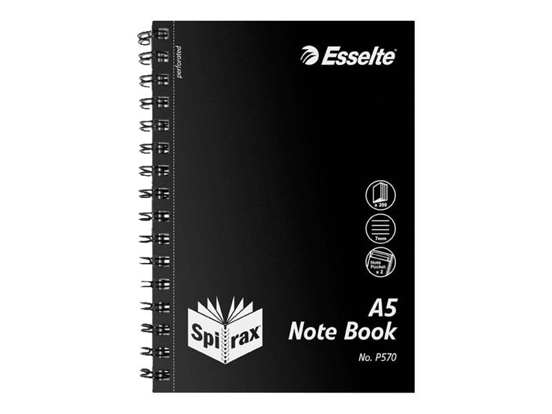 Spirax P570 Notebook A5 Side Opening Polypropylene Cover 2 Notes 200 Page Black
