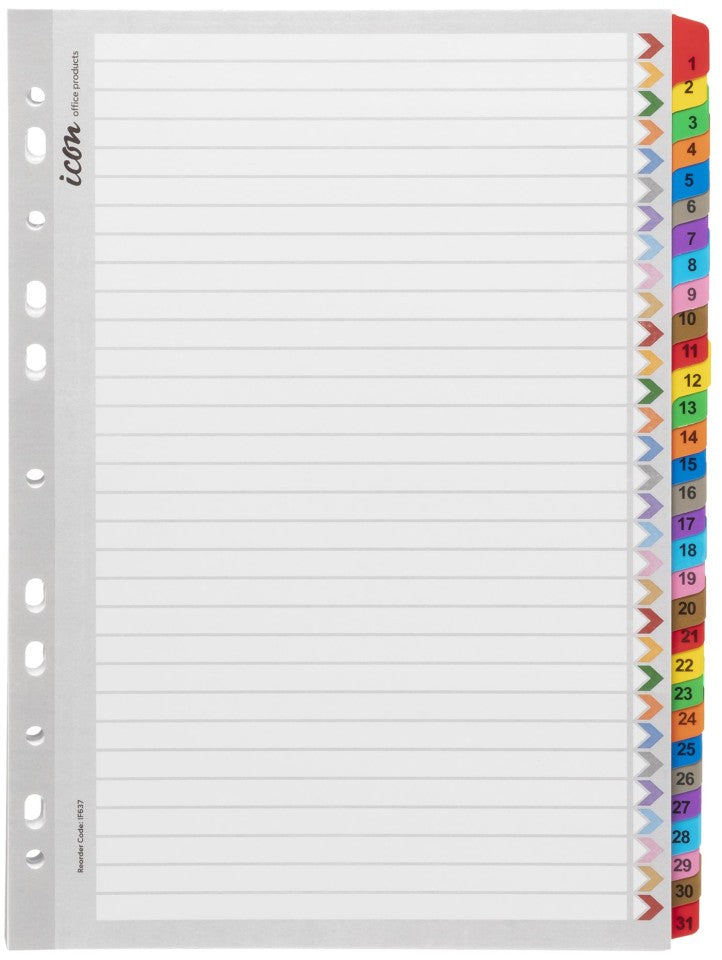 Icon Cardboard Indices with Reinforced Tabs 1-31 Coloured