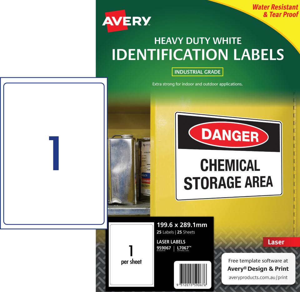 Avery White Heavy Duty Labels for Laser Printers - 199.6 x 289.1 mm - 25 Labels (L7067)