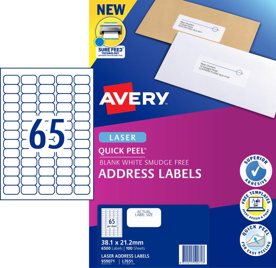 Avery Sure Feed Address Labels Laser Printer 38.1x21.2mm 6500 Labels