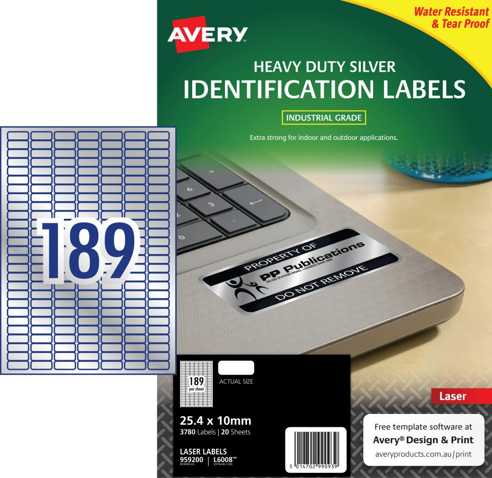 Avery Heavy Duty Id Label L6008 Silver 189 Up 20 Sheets Silver 25.4 x 10mm (Avery Code 959200)
