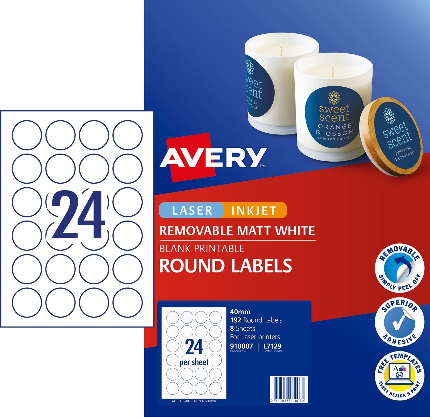 Avery Label L7129 REMOVABLE Round Matte White 40mm 24up 8 Sheets Laser/Inkjet (Avery Code 910007)