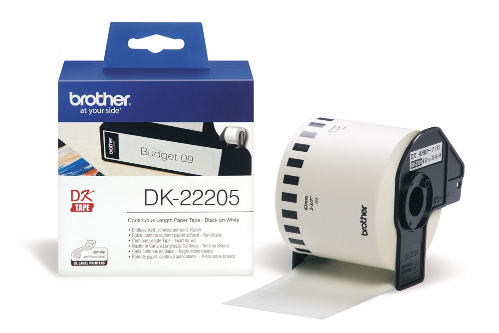 Brother DK22225 Continuous Paper Label Roll – Black on White, 38mm wide