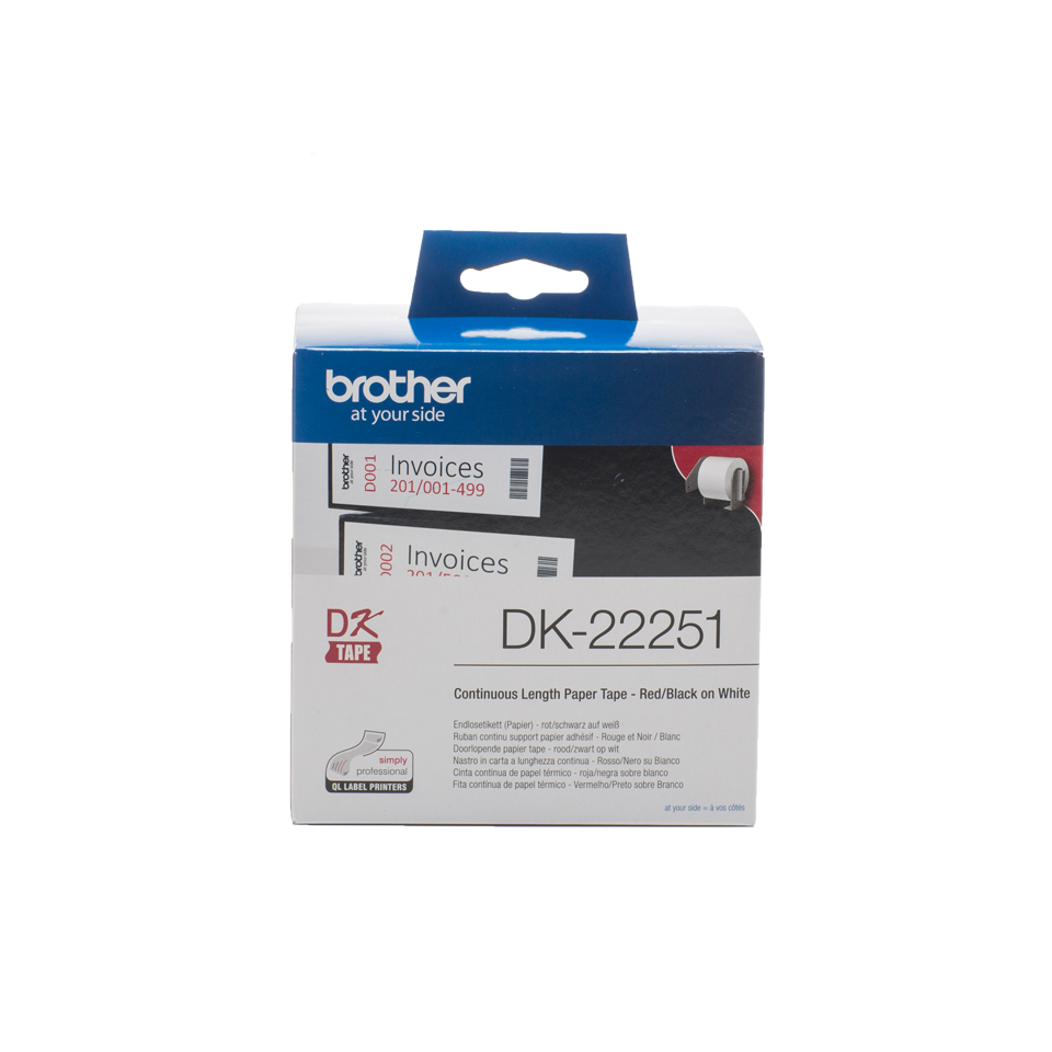 Brother DK22251 Continuous Paper Label Roll – Black and Red on White, 62mm