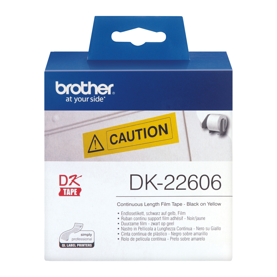 Brother DK22606 Continuous Film Label Tape – Black on Yellow, 62mm wide