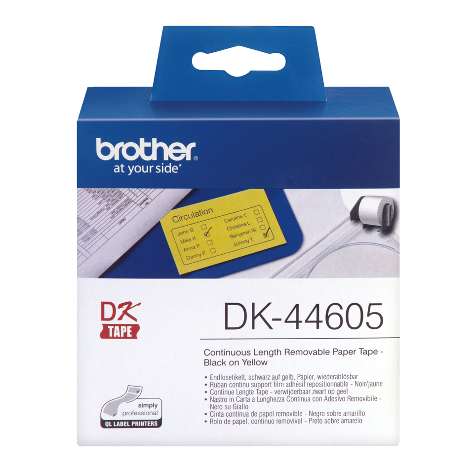 Brother DK-44605 Continuous Paper Label Roll with Removable Adhesive – Black on Yellow, 62mm