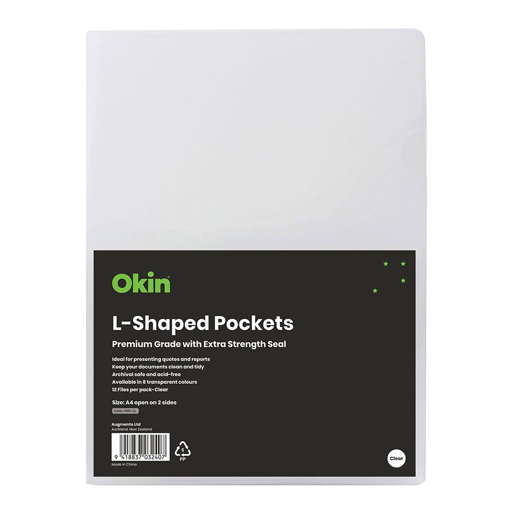 Okin L Shaped Pockets A4 Clear, Pack of 12
