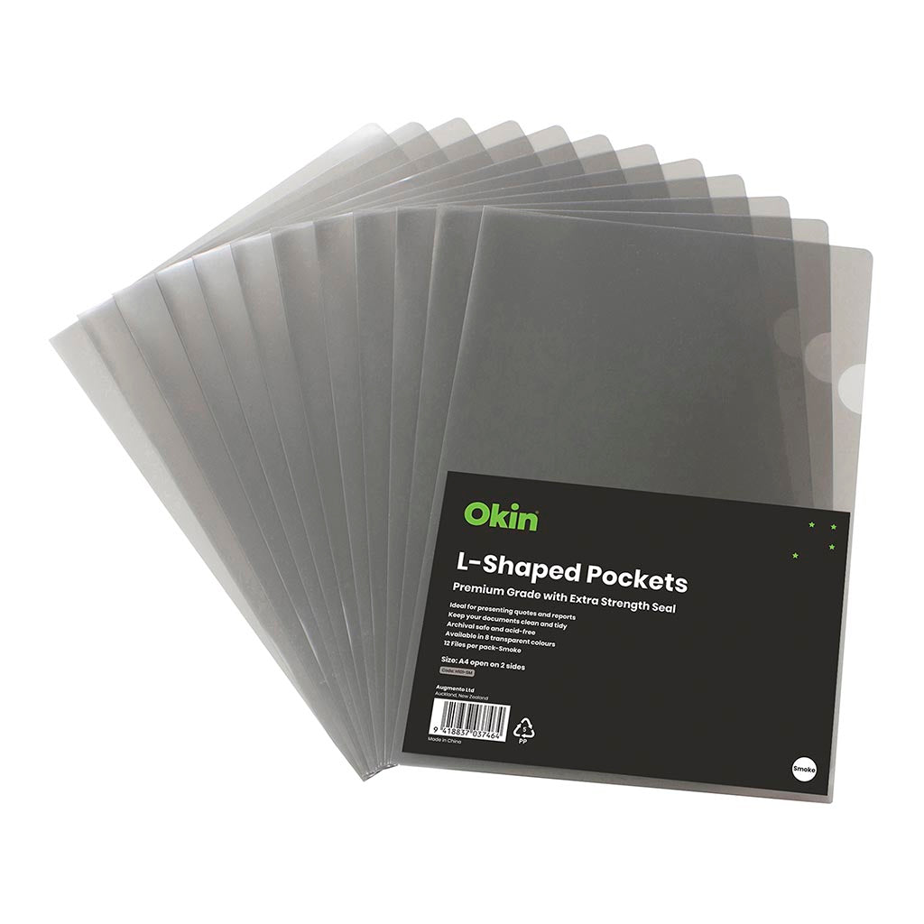 Okin L Shaped Pockets A4 Smoke, Pack of 12