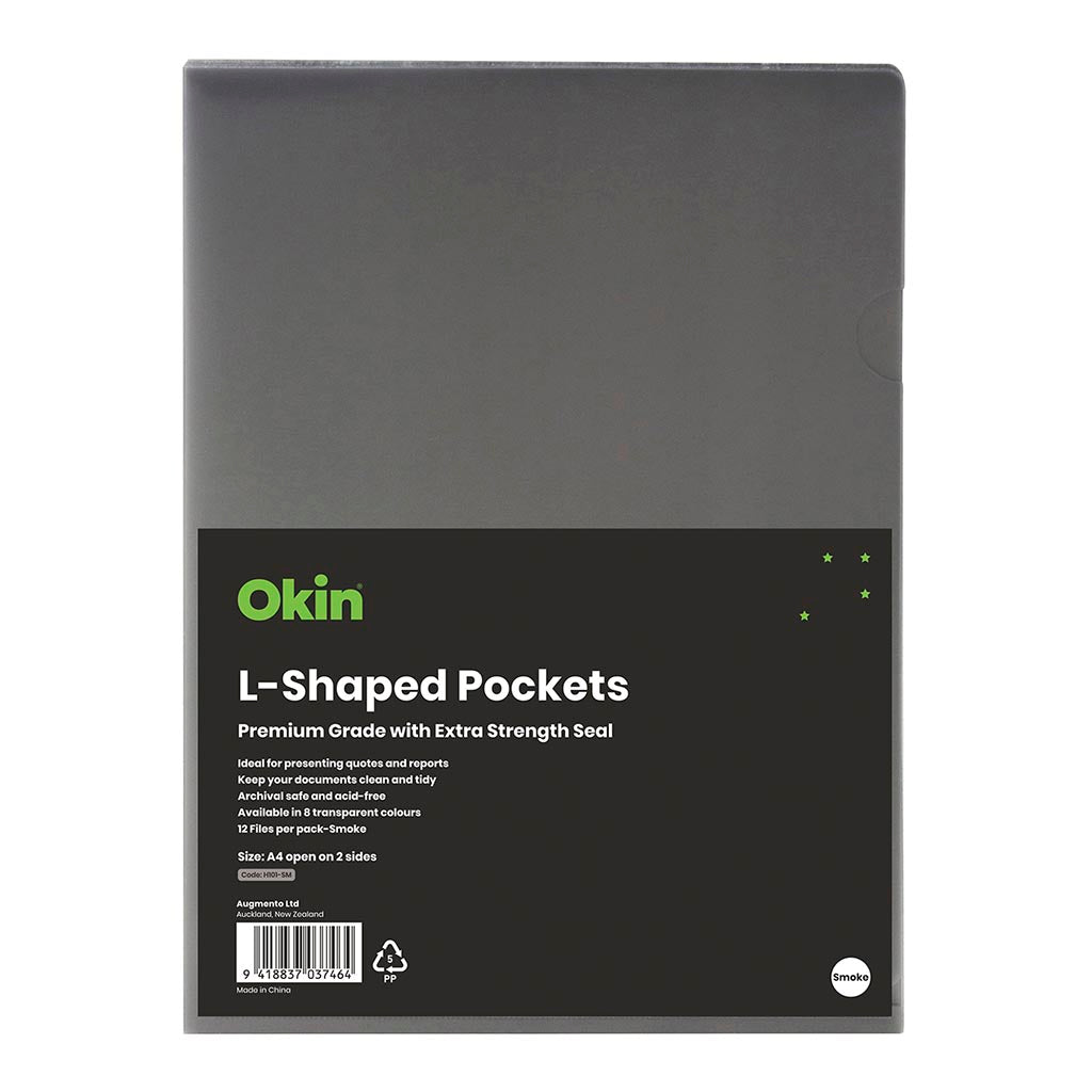 Okin L Shaped Pockets A4 Smoke, Pack of 12