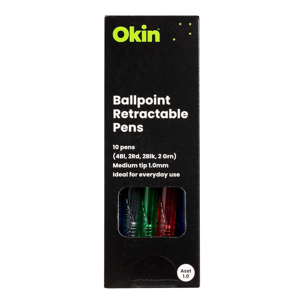 Okin Ballpoint Retractable Pens Assorted, Pack of 10