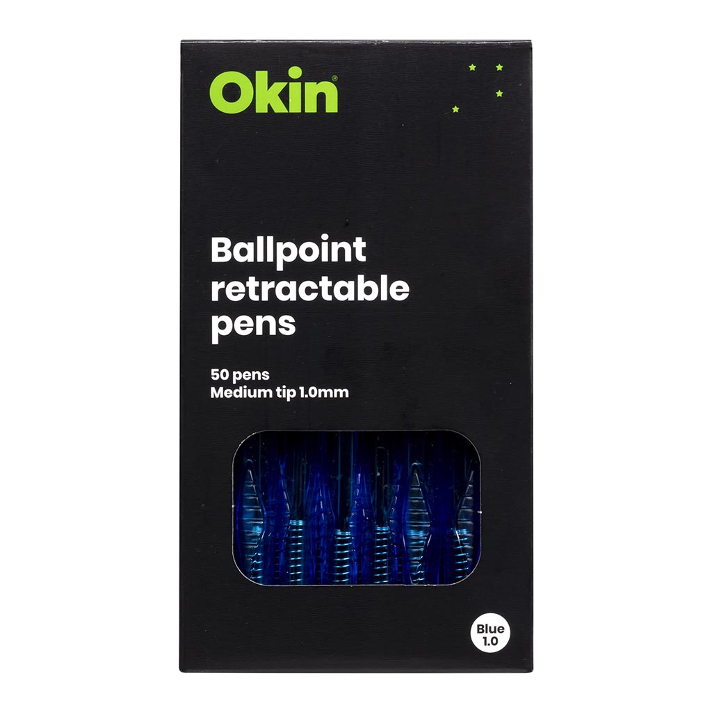 Okin Ballpoint Retractable Pens Blue, Pack of 50