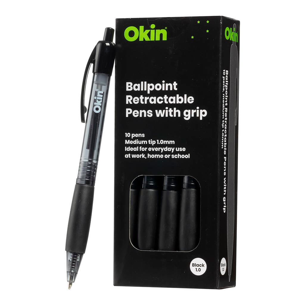 Okin Ballpoint Retractable Pen with Grip Black (Pack of Ten)