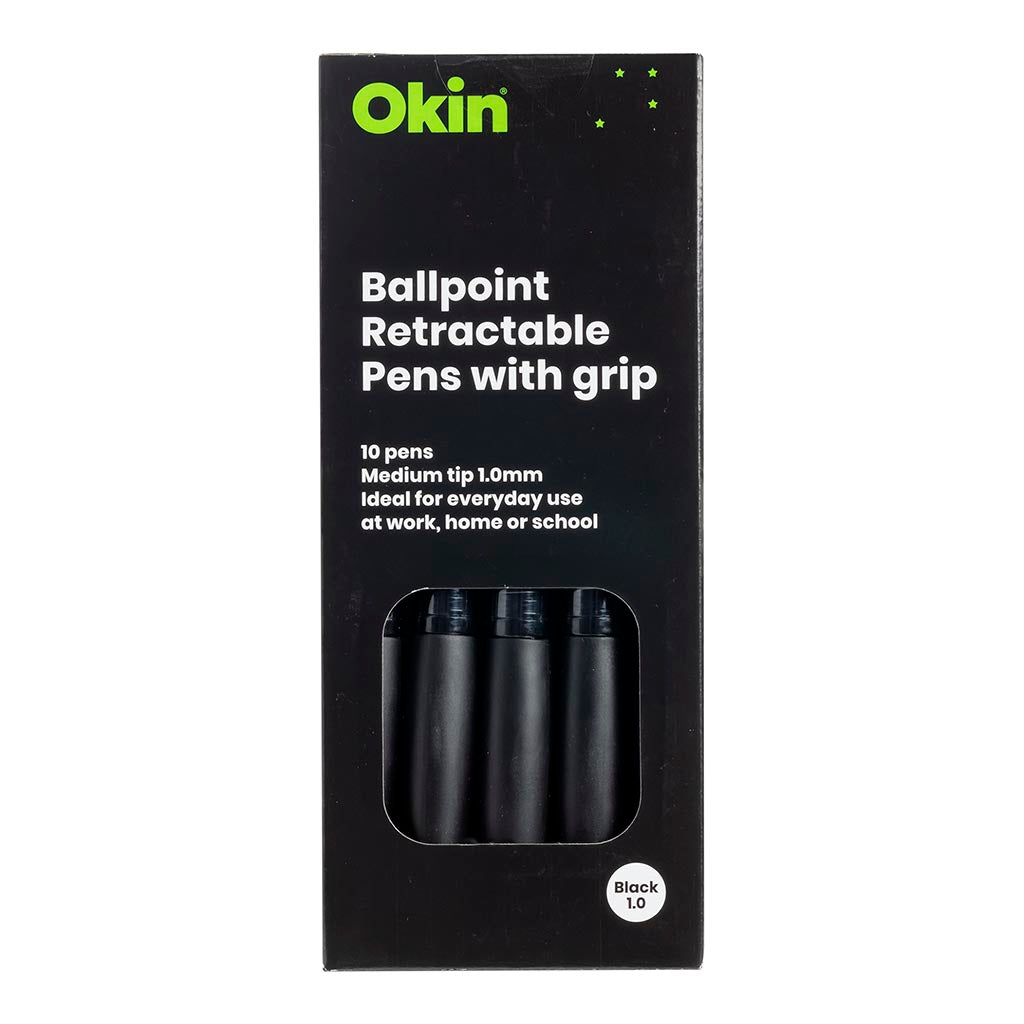 Okin Ballpoint Retractable Pen with Grip Black (Pack of Ten)