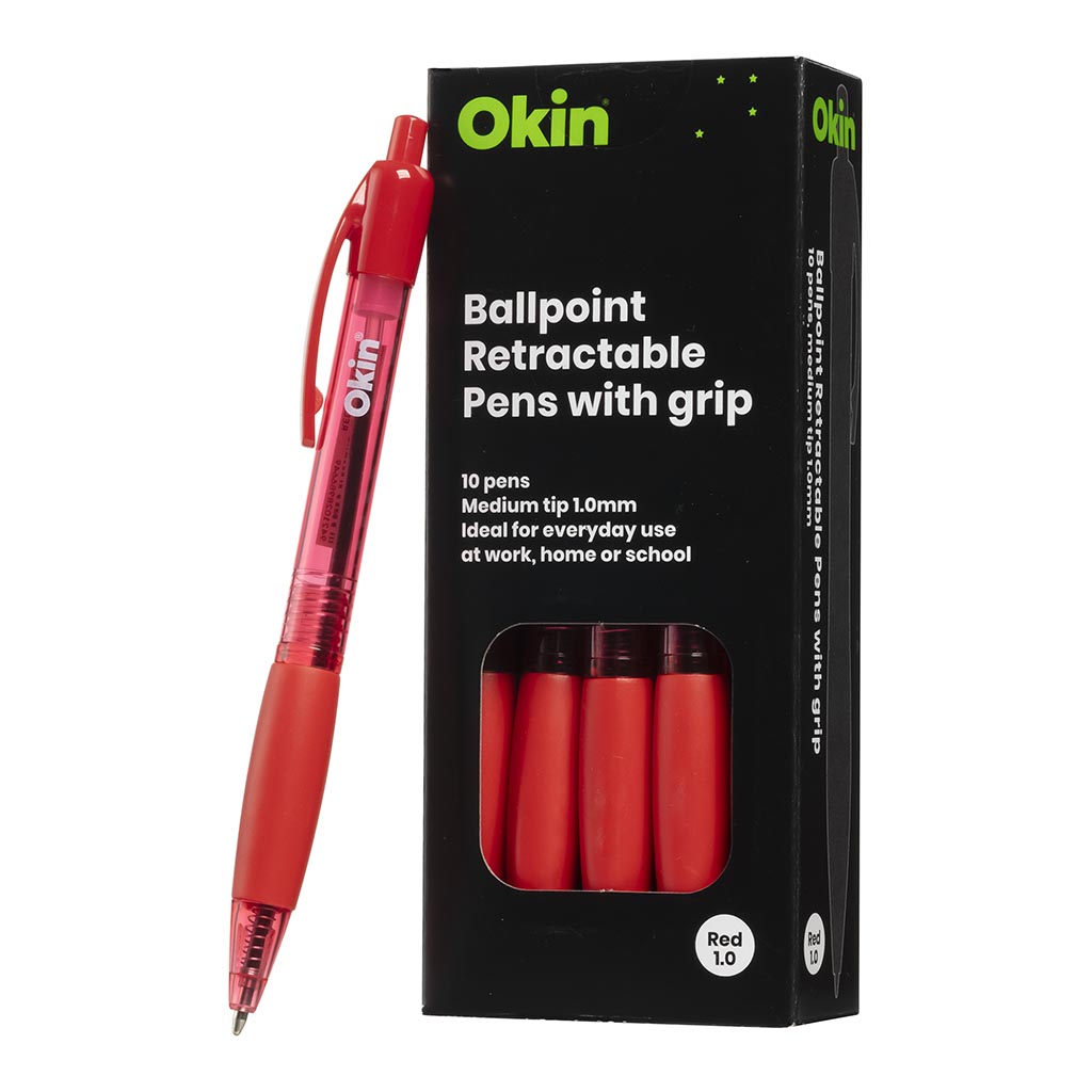 Okin Ballpoint Retractable Pen with Grip Red (Pack of Ten)
