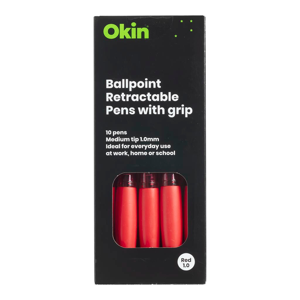 Okin Ballpoint Retractable Pen with Grip Red (Pack of Ten)