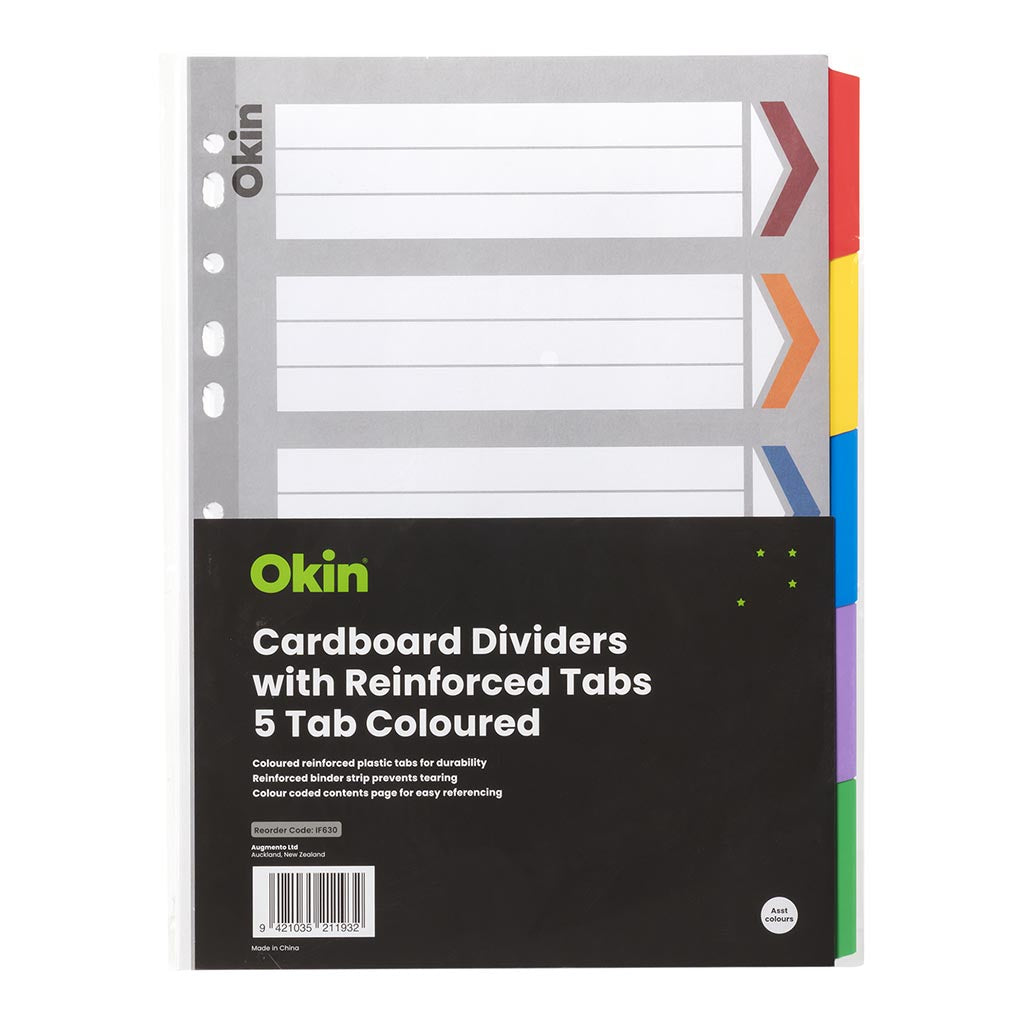 Okin Cardboard Dividers with Reinforced Tabs 5 Tab Coloured
