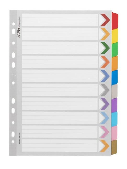 Icon Cardboard Dividers with Reinforced Tabs 10 Tab Coloured