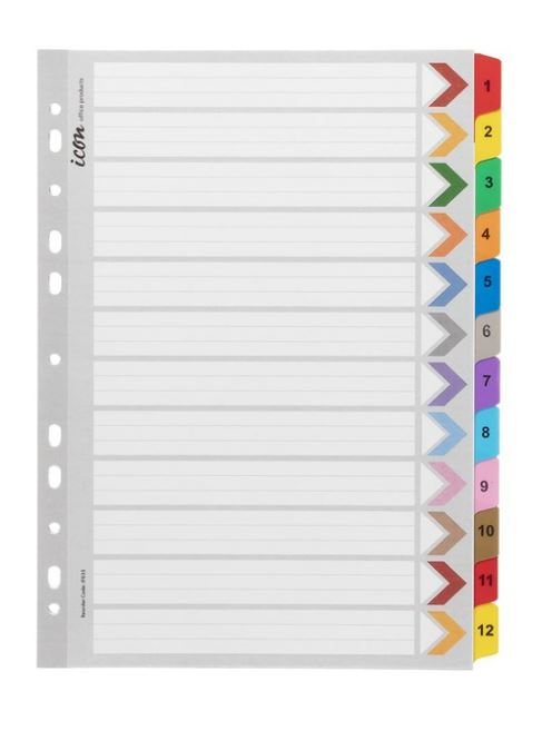 Icon Cardboard Indices with Reinforced Tabs 1-12 Coloured